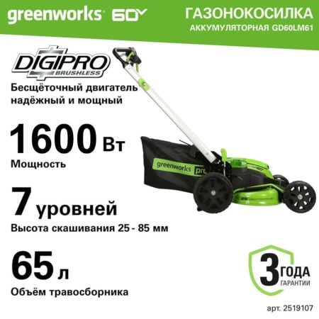 ������������� �������������� Greenworks GD60LM61 (60�, 61��, ����������, ��� ���/��) 2519107