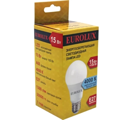 Лампа светодиодная EUROLUX LL-E-A60-15W-230-4K-E27, 76/2/20 Лампа светодиодная EUROLUX LL-E-A60-15W-230-4K-E27