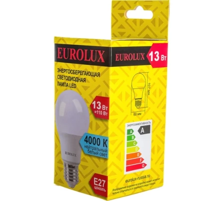 Лампа светодиодная EUROLUX LL-E-A60-13W-230-4K-E27, 76/2/18 Лампа светодиодная EUROLUX LL-E-A60-13W-230-4K-E27