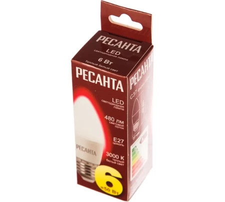 Лампа светодиодная РЕСАНТА LL-R-C37-6W-230-3K-E27, 76/1/9 Лампа светодиодная РЕСАНТА LL-R-C37-6W-230-3K-E27