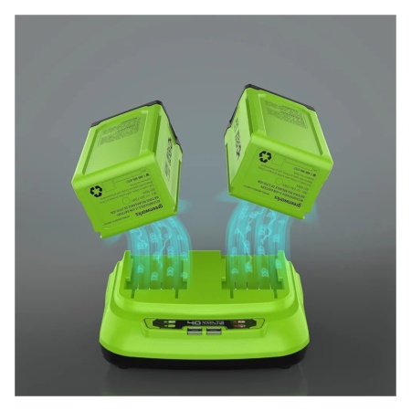 Зарядное устройство GREENWORKS G40UC8 (40В, 8А, быстрое, слайдер, 2-х постовое) 2938807, 2938807 Зарядное устройство GREENWORKS G40UC8 (40В, 8А, быстрое, слайдер, 2-х постовое) 2938807