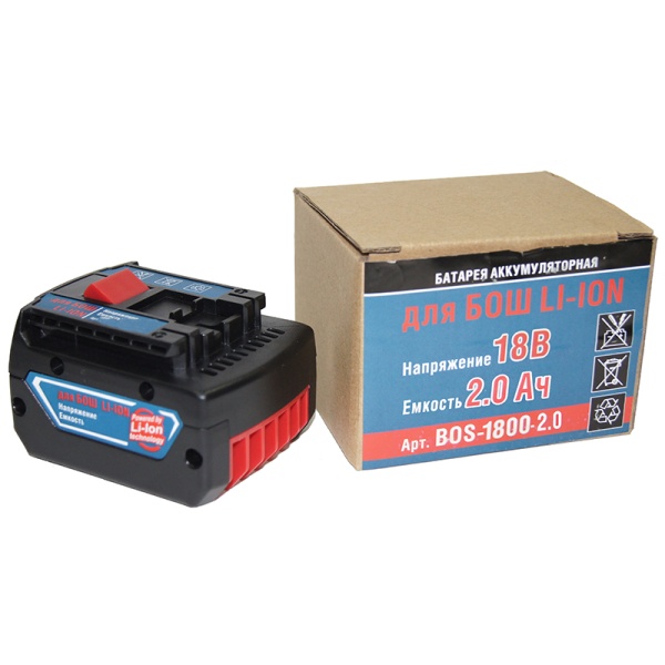 Батарея для Bosch Li-ion, 18В, 2,0А/ч (Bos-18-2,0-Li) Батарея для Bosch Li-ion, 18В, 2,0А/ч (Bos-18-2,0-Li)