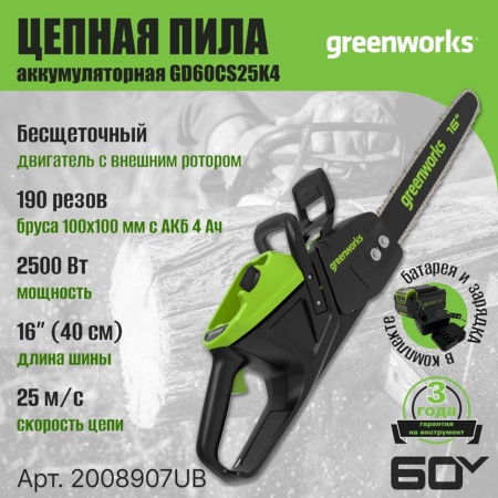 ���� ������ �������������� Greenworks GD60CS25K4 (60V, 2500��, 40��, ����., 4�/�, ��) 2008907UB