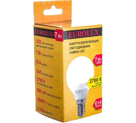 Лампа светодиодная EUROLUX LL-E-G45-7W-230-2,7K-E14, 76/2/5 Лампа светодиодная EUROLUX LL-E-G45-7W-230-2,7K-E14