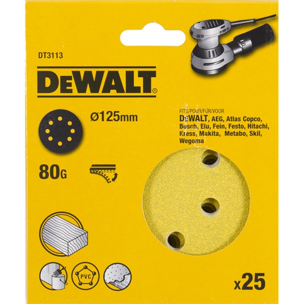 Диск шлифовальный DEWALT DT3113-QZ 125мм, Р 80 для дерева и краски (25шт/уп)  Диск шлифовальный DEWALT DT3113-QZ 125мм, Р 80 для дерева и краски (25шт/уп)