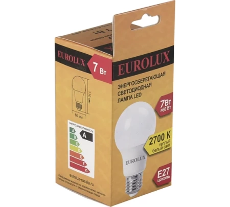 Лампа светодиодная EUROLUX LL-E-A60-7W-230-2,7K-E27, 76/2/11 Лампа светодиодная EUROLUX LL-E-A60-7W-230-2,7K-E27
