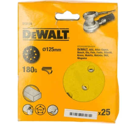 Диск шлифовальный DEWALT DT3116-QZ 125мм, Р180 для дерева и краски (25шт/уп), DT3116-QZ Диск шлифовальный DEWALT DT3116-QZ 125мм, Р180 для дерева и краски (25шт/уп)