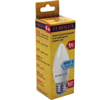 Лампа светодиодная EUROLUX LL-E-C37-6W-230-4K-E27, 76/2/10 Лампа светодиодная EUROLUX LL-E-C37-6W-230-4K-E27