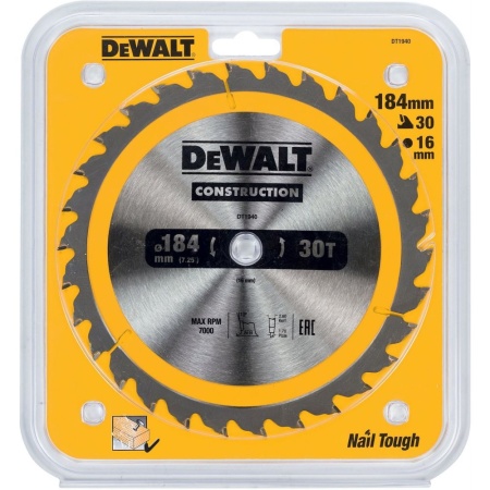 Диск пильный по дереву DEWALT CONSTRUCT 184x16x30T (DT1940-QZ), DT1940-QZ Диск пильный по дереву DEWALT CONSTRUCT 184x16x30T (DT1940-QZ)