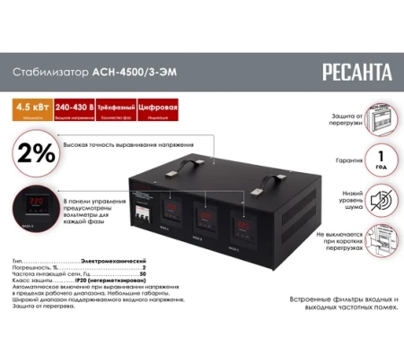Стабилизатор напряжения РЕСАНТА АСН-4500/3-ЭМ, 63/4/2 Стабилизатор напряжения РЕСАНТА АСН-4500/3-ЭМ