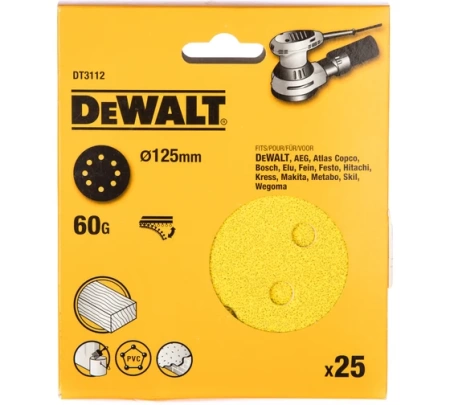 Диск шлифовальный DEWALT DT3112-QZ 125мм, Р 60 для дерева и краски (25шт/уп), DT3112-QZ Диск шлифовальный DEWALT DT3112-QZ 125мм, Р 60 для дерева и краски (25шт/уп)