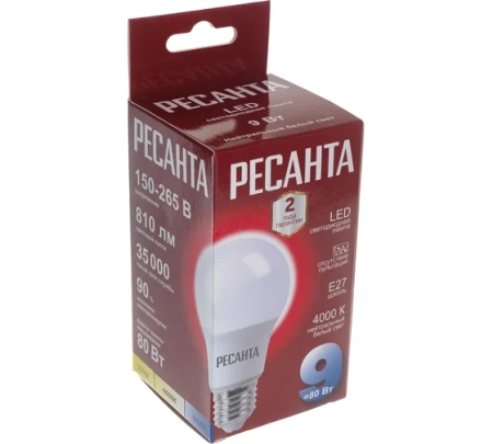 Лампа светодиодная РЕСАНТА LL-R-A60-9W-230-4K-E27, 76/1/14 Лампа светодиодная РЕСАНТА LL-R-A60-9W-230-4K-E27