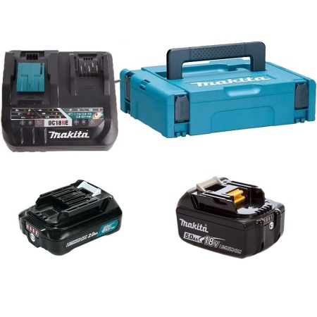 Набор аккумуляторов Makita 12 вольт BL1021B + 18 вольт BL1850B + ЗУ DC18RE + кейс MakPac 199024-2, 199024-2 Набор аккумуляторов Makita 12 вольт BL1021B + 18 вольт BL1850B + ЗУ DC18RE + кейс MakPac 199024-2