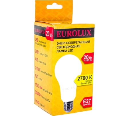Лампа светодиодная EUROLUX LL-E-A70-20W-230-2,7K-E27, 76/2/21 Лампа светодиодная EUROLUX LL-E-A70-20W-230-2,7K-E27