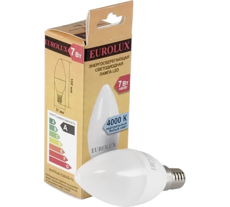 Лампа светодиодная EUROLUX LL-E-C37-7W-230-4K-E14, 76/2/8 Лампа светодиодная EUROLUX LL-E-C37-7W-230-4K-E14