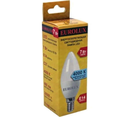 Лампа светодиодная EUROLUX LL-E-C37-7W-230-4K-E14, 76/2/8 Лампа светодиодная EUROLUX LL-E-C37-7W-230-4K-E14