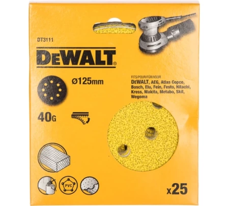 Диск шлифовальный DEWALT DT3111-QZ 125мм, Р 40 для дерева и краски (25шт/уп), DT3111-QZ Диск шлифовальный DEWALT DT3111-QZ 125мм, Р 40 для дерева и краски (25шт/уп)