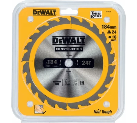 Диск пильный по дереву DEWALT CONSTRUCT 184х16х24T (DT1939-QZ), DT1939-QZ Диск пильный по дереву DEWALT CONSTRUCT 184х16х24T (DT1939-QZ)