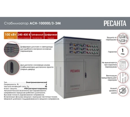 Стабилизатор напряжения РЕСАНТА АСН-100000/3-ЭМ, 63/4/11 Стабилизатор напряжения РЕСАНТА АСН-100000/3-ЭМ