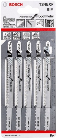 Пилки для лобзика BOSCH T345XF BIM (5шт/уп) 2608634994, 2608634994 Пилки для лобзика BOSCH T345XF BIM (5шт/уп) 2608634994
