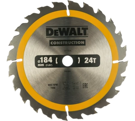 Диск пильный по дереву DEWALT CONSTRUCT 184х16х24T (DT1939-QZ), DT1939-QZ Диск пильный по дереву DEWALT CONSTRUCT 184х16х24T (DT1939-QZ)
