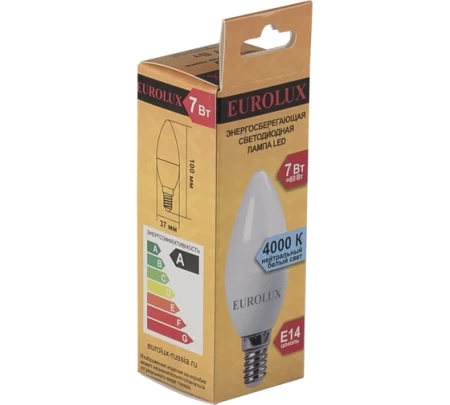 Лампа светодиодная EUROLUX LL-E-C37-7W-230-4K-E14, 76/2/8 Лампа светодиодная EUROLUX LL-E-C37-7W-230-4K-E14