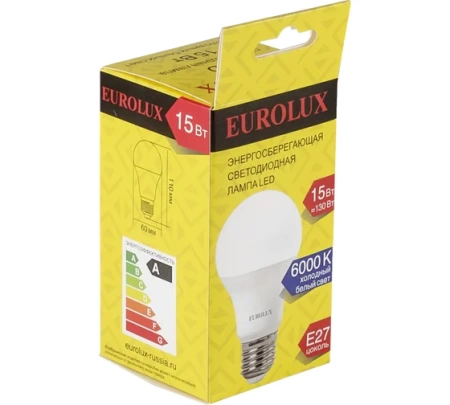 Лампа светодиодная LL-E-A60-15W-230-6K-E27 (груша, 15Вт, холод., Е27) Eurolux, 76/2/74 Лампа светодиодная LL-E-A60-15W-230-6K-E27 (груша, 15Вт, холод., Е27) Eurolux