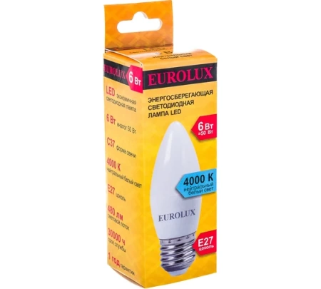 Лампа светодиодная EUROLUX LL-E-C37-6W-230-4K-E27, 76/2/10 Лампа светодиодная EUROLUX LL-E-C37-6W-230-4K-E27