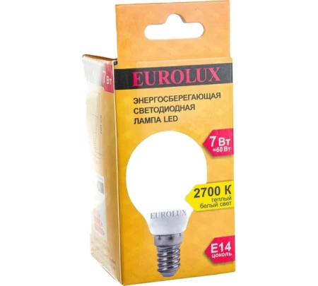 Лампа светодиодная EUROLUX LL-E-G45-7W-230-2,7K-E14, 76/2/5 Лампа светодиодная EUROLUX LL-E-G45-7W-230-2,7K-E14