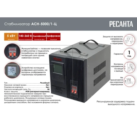 Стабилизатор Ресанта АСН-5000/1-Ц, 63/6/6 Стабилизатор Ресанта АСН-5000/1-Ц