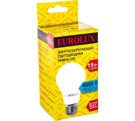 Лампа светодиодная EUROLUX LL-E-A60-15W-230-4K-E27, 76/2/20 Лампа светодиодная EUROLUX LL-E-A60-15W-230-4K-E27