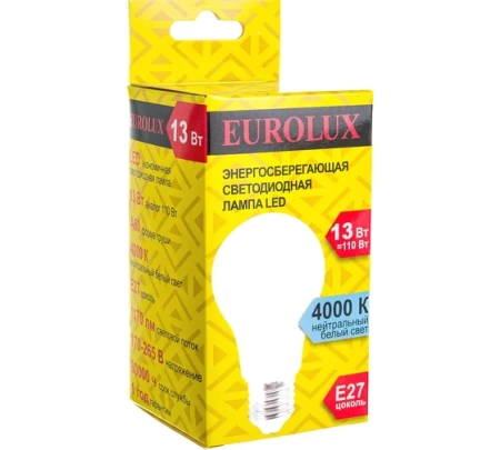 Лампа светодиодная EUROLUX LL-E-A60-13W-230-4K-E27, 76/2/18 Лампа светодиодная EUROLUX LL-E-A60-13W-230-4K-E27