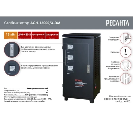 Стабилизатор напряжения РЕСАНТА АСН-15000/3-ЭМ, 63/4/5 Стабилизатор напряжения РЕСАНТА АСН-15000/3-ЭМ