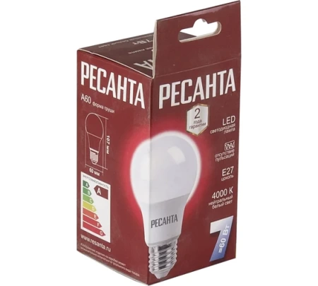 Лампа светодиодная РЕСАНТА LL-R-A60-7W-230-4K-E27, 76/1/12 Лампа светодиодная РЕСАНТА LL-R-A60-7W-230-4K-E27