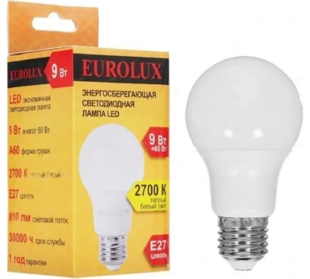 Лампа светодиодная EUROLUX LL-E-A60-9W-230-2,7K-E27, 76/2/13 Лампа светодиодная EUROLUX LL-E-A60-9W-230-2,7K-E27