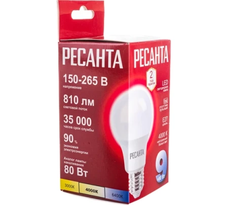 Лампа светодиодная РЕСАНТА LL-R-A60-9W-230-4K-E27, 76/1/14 Лампа светодиодная РЕСАНТА LL-R-A60-9W-230-4K-E27